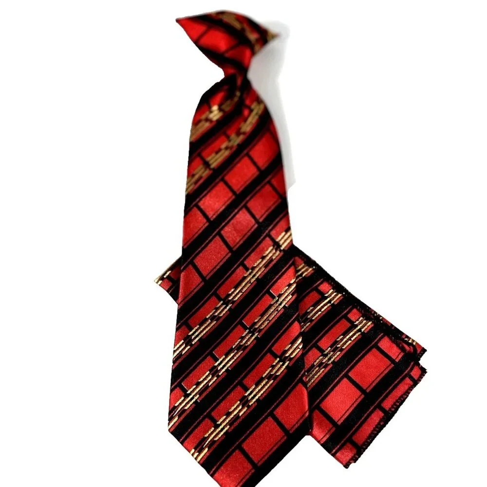 Karl Knox Boy's Clip-on Tie Hanky Set Gold Red Gold Black Polyester 8.5